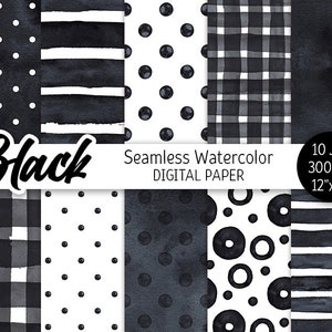 Zwart naadloos patroon aquarel polka dot digitaal papier pack afdrukbare scrapbooking papier aquarel strepen getextureerde achtergrond 12x12
