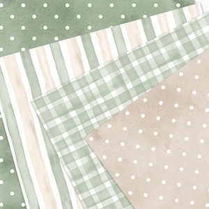 May include: A collection of patterned papers in shades of green and tan. Designs include polka dots, stripes, and a plaid pattern. The papers have a watercolor effect, creating a soft and artistic look. Ideal for scrapbooking or crafting projects.