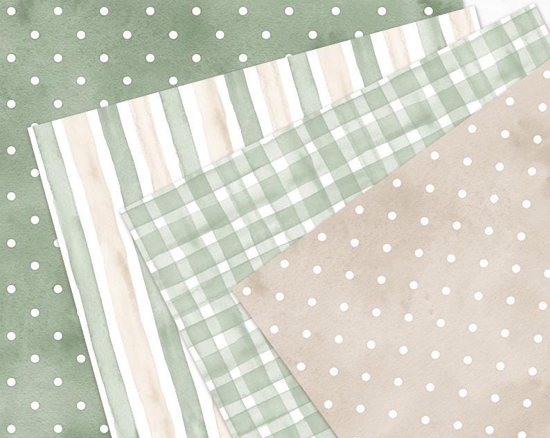 May include: A collection of patterned papers in shades of green and tan. Designs include polka dots, stripes, and a plaid pattern. The papers have a watercolor effect, creating a soft and artistic look. Ideal for scrapbooking or crafting projects.