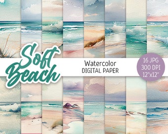 Watercolor Summer Beach Digital Paper Pack Seascape Printable Scrapbooking Paper Wedding background Ocean Waves Invitations digital download