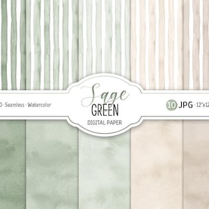 Puede incluir: Paquete de papel digital con diseños de acuarela en verde salvia y tonos neutros. El paquete incluye patrones sin costuras con rayas verticales y fondos de color sólido. La imagen incluye el texto "Sage GREEN DIGITAL PAPER". Cada papel mide 30.48cm x 30.48cm a 300 DPI.