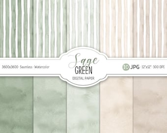 Digitalt papperspaket med akvarell, salviagrönt, abstrakt sömlöst mönster, utskrivbart scrapbookingpapper, boho, bröllop, neutrala ränder, babyshower