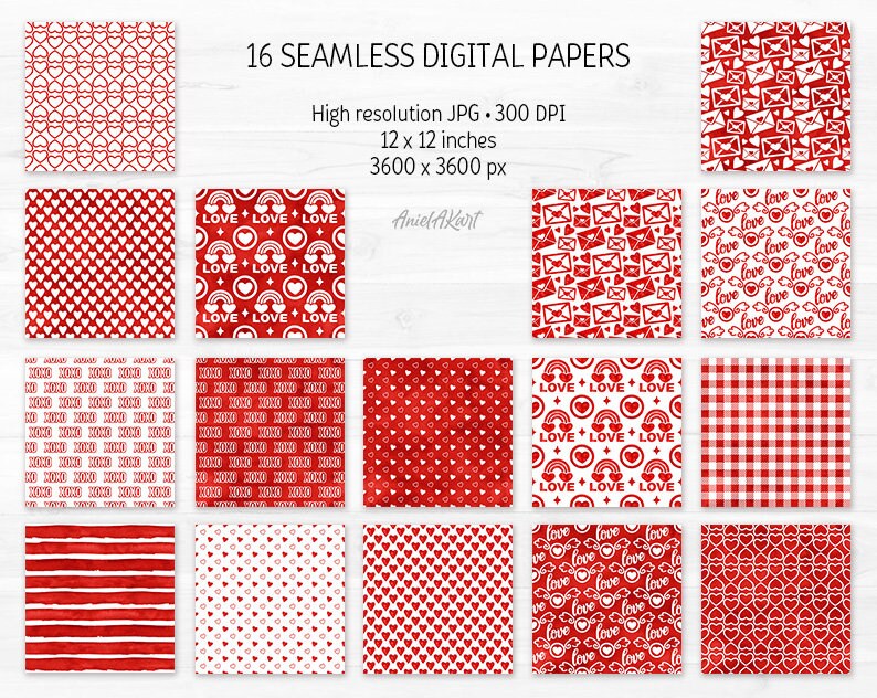 Red & White Valentine Day Digital Paper Pack Watercolor Love Seamless ...