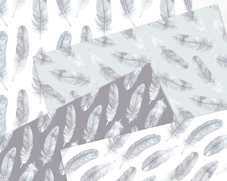 Light Grey Feather Watercolor Digital Paper Pack Exotic Boho Seamless ...
