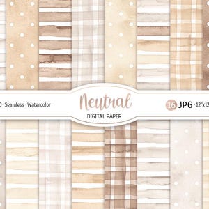 Confezione di carta digitale Boho neutra Acquerello Beige chiaro Motivo senza cuciture Pois Carta per scrapbooking stampabile Strisce Sfondo Gingham