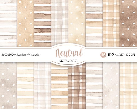 Neutral Boho Digital Paper Pack Watercolor Light Beige Seamless Pattern Polka dot Printable Scrapbooking Paper Stripes background Gingham