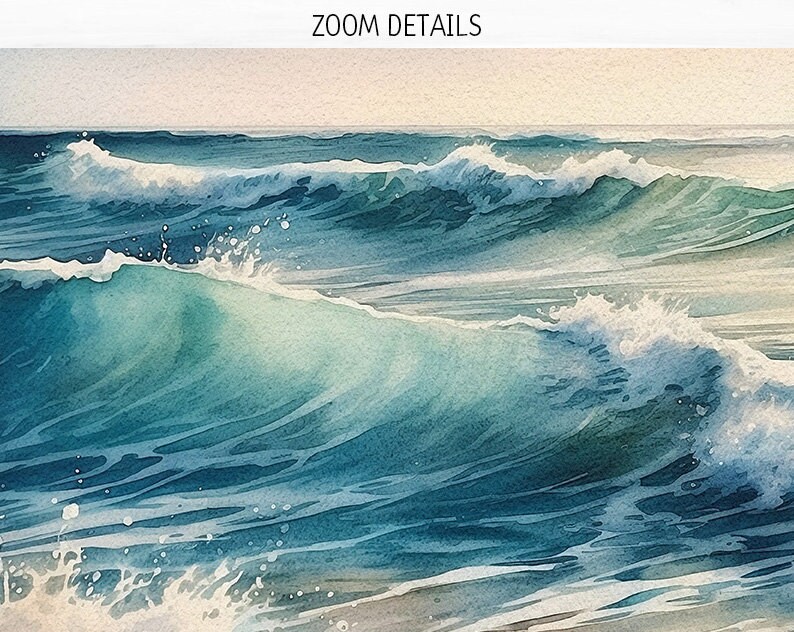 May include: A watercolor painting of ocean waves crashing against each other. The waves are a mix of blue, green, and white.