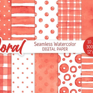 Corallo Rosa Senza cuciture Modello ad acquerello Pois Digital Paper Pack Stampabile Sfondo matrimonio Strisce Baby shower ragazza texture