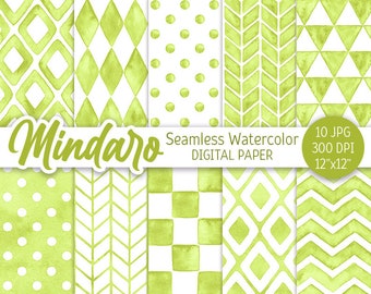 Mindaro Green Geometric Pattern Watercolor Seamless Digital Paper Pack Printable Polka dot Chevron Pastel background rhombus herringbone