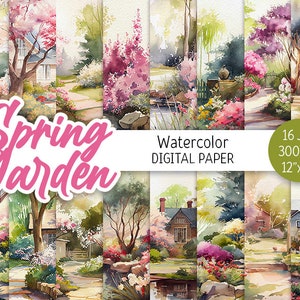 Acquerello Spring Garden Digital Paper Pack Spring Floral Environment Printable Scrapbooking Paper Sfondo estivo Giardinaggio Commerciale