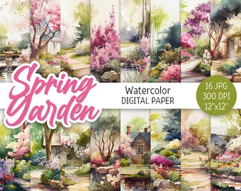 May include: A set of 16 digital papers featuring watercolor illustrations of spring gardens with houses, flowers, and trees. The papers are 12 inches by 12 inches and 300 DPI.