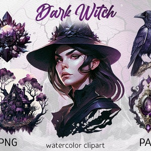 Watercolor Dark Witch Clipart Pack Witchcraft PNG Gothic aesthetic Fantasy Clip art Magic Bundle Mystical Instant Download Commercial Use