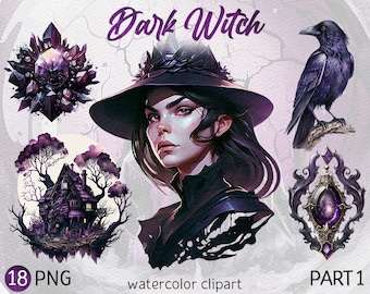 Watercolor Dark Witch Clipart Pack Witchcraft PNG Gothic aesthetic Fantasy Clip art Magic Bundle Mystical Instant Download Commercial Use