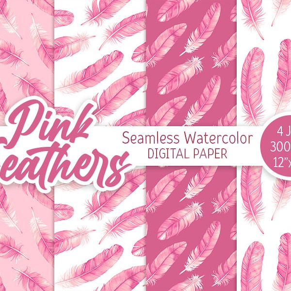 Pink Feather Watercolor Digital Paper Pack Exotic Boho Seamless Pattern Bohemian Printable Wedding background Baby shower girl texture