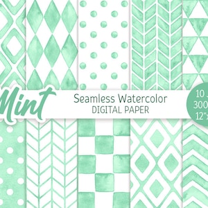 Modello geometrico menta Pacchetto di carta digitale senza giunte dell'acquerello stampabile Turchese a pois Chevron Party sfondo rombo triangolo Check