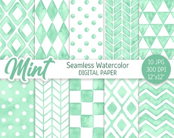 Mint Geometric Pattern Watercolor Seamless Digital Paper Pack Printable Turquoise Polka dot Chevron Party background rhombus triangle Check
