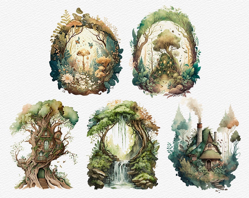 Watercolor Enchanted Forest Clipart Fairy Forest PNG Bundle Magic ...