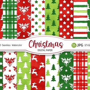 Christmas Digital Paper Pack Watercolor Holiday Seamless Pattern Christmas Tree Background Cute Woodland Printable Scrapbook Paper Reindeer