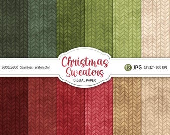 May include: Twelve digital paper designs featuring a watercolor knit pattern in green, red, and beige. The designs are seamless and measure 12 inches by 12 inches at 300 DPI. The text "Christmas Sweaters Digital Paper" is included in the image.