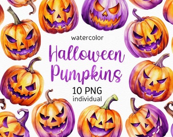 Halloween Pumpkins Clipart Pack Leuke Halloween Jack-o-Lantern aquarel clipart Afdrukbare Pompoen clipart Spooky graphics Instant Download