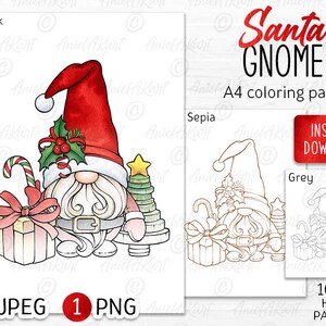 Op de afbeelding: Een kleurplaat met een kerstman-gnome met een rode muts, witte baard en een groene hulsttak. De gnome houdt een cadeaudoos en een snoepstok vast. De plaat is verkrijgbaar in zwart, sepia en grijs.