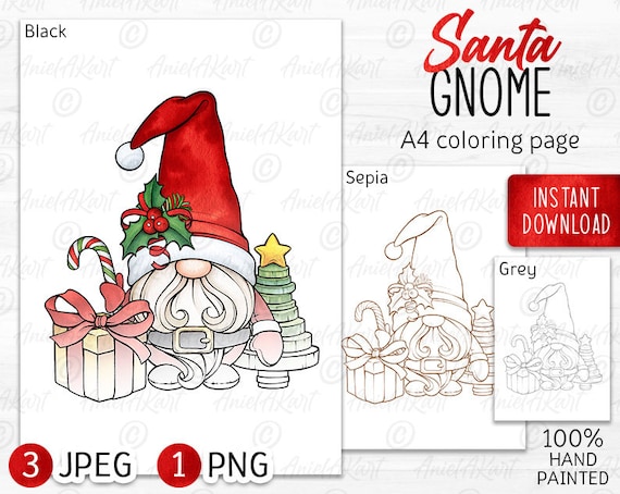 Christmas Coloring Page for Adults Cute Santa Gnome Digital