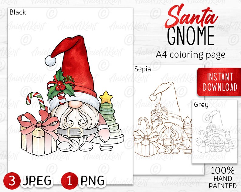 Op de afbeelding: Een kleurplaat met een kerstman-gnome met een rode muts, witte baard en een groene hulsttak. De gnome houdt een cadeaudoos en een snoepstok vast. De plaat is verkrijgbaar in zwart, sepia en grijs.