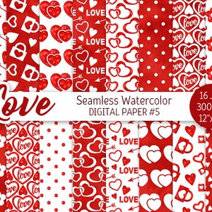 Rojo y blanco Día de San Valentín Digital Paper Pack Acuarela Amor Patrón sin costuras Corazón Imprimible Scrapbooking Papel Carta de amor fondo 14