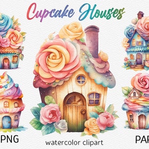 Cupcake Haus Clipart Aquarell Fee Haus PNG Scrapbooking Clipart Bundle süße Fantasy Süßigkeiten Sublimation Junk Journal sofortiger download