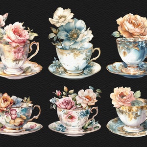 May include: Six teacups and saucers with floral designs. Each cup features a different floral arrangement, including roses, blue flowers, and other blooms. The cups and saucers are white with gold trim.