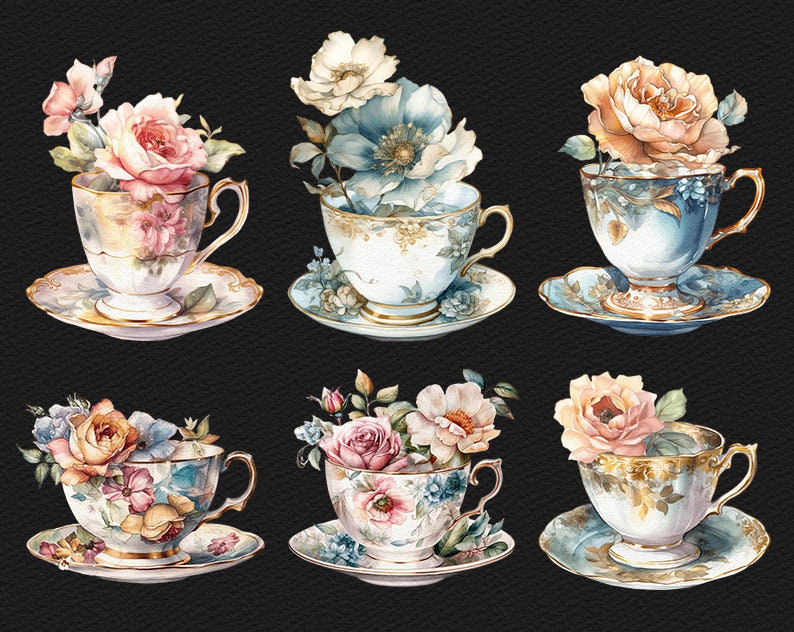 May include: Six teacups and saucers with floral designs. Each cup features a different floral arrangement, including roses, blue flowers, and other blooms. The cups and saucers are white with gold trim.