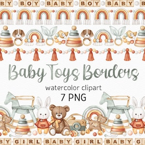Watercolor Boho Baby Toys Seamless Border Clipart Neutral Nursery Cute Designs Baby Shower PNG Handpainted Kids Clipart Wooden Eco Newborn