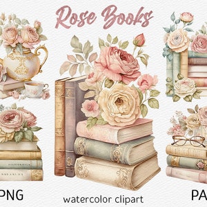 May include: Watercolour clipart of 14 vintage books with roses. The books are stacked in piles of 3, 4, and 5 books. The roses are pink and white and have green leaves. The text "Rose Books" is written in pink at the top of the image. The text "PART 1" is written in black at the bottom right of the image. The text "14 PNG" is written in black at the bottom left of the image.