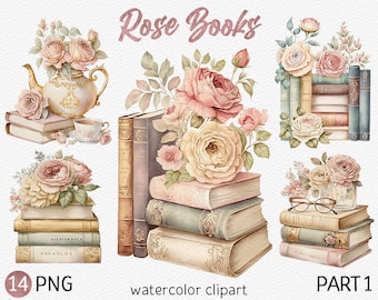Watercolor Rose Books Clipart Pack Watercolor Book PNG bundle Bookshelf Floral Vintage book stack clip art Flower Reading Commercial use