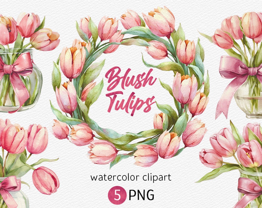 Pink Tulip Clipart, Watercolor Flowers Clipart, Scrapbooking Clipart ...