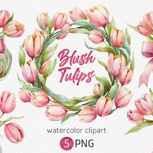 Roze Tulp Clipart, Aquarel Bloemen Clipart, Scrapbooking clipart Lente bloemen PNG boeket Bloemstuk Bloemen bruiloft Decor