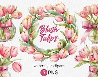 Pink Tulip Clipart, Watercolor Flowers Clipart, Scrapbooking clipart Spring flowers PNG bouquet Blossom arrangement Floral wedding Decor