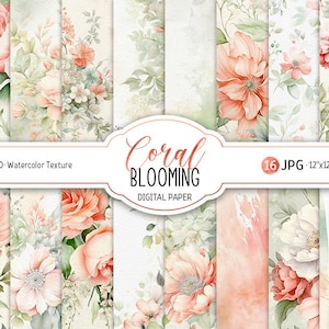 Pack de papier numérique en fleurs corail aquarelle vert sauge mariage scrapbooking papier imprimable aquarelle abstraite fond pastel téléchargement