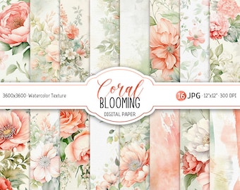 Coral Blooming Digital Paper Pack Watercolor Sage Green Wedding Scrapbook Paper Printable Abstract Watercolor Pastel Background Download
