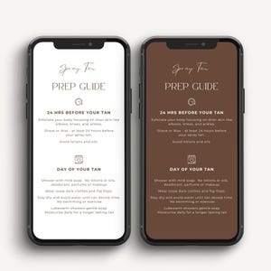 Könnte beinhalten: Zwei Smartphones mit einer Anleitung zur Vorbereitung auf das Sprühtanning. Die Anleitung enthält Anweisungen für vor und am Tag des Bräunens, wie z. B. Peeling, Rasieren und Vermeiden von Lotionen. Der Text ist elegant.