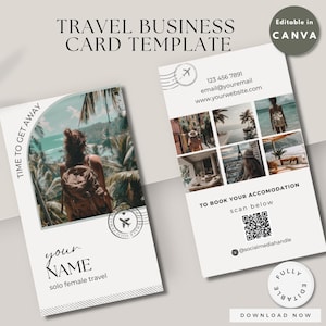 Tarjeta de presentación para agente de viajes, tarjeta de presentación con foto 2025, tarjeta de presentación DIY para agente de viajes, plantilla de Canva para tarjeta de presentación con código QR para viajes, viajes para mujeres