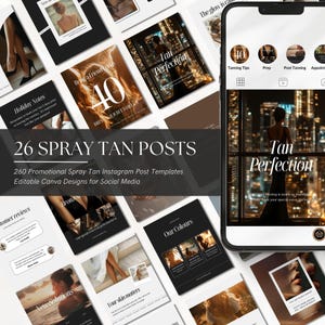 Könnte beinhalten: Eine Sammlung von 26 Instagram-Post-Vorlagen für Spray-Tanning. Die Vorlagen zeigen Bilder von Frauen, Text und Designelementen in Schwarz-Weiß. Der Text enthält Sätze wie "Tan Perfection" und "Holiday Notes".