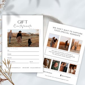 Photography Printable Gift Certificate, Neutral Gift Certificate Template, Editable Gift Card, Photography Gift Voucher Canva Template,