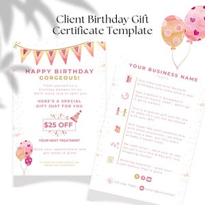 Plantilla editable de cupón de cumpleaños para clientes / Cupón de recompensa de cumpleaños personalizable Canva / Certificado de cumpleaños para clientes de salón de belleza /