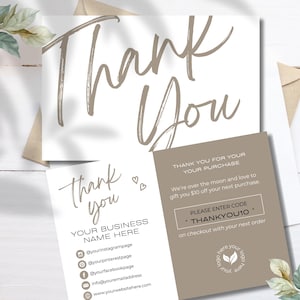 Cartão de agradecimento personalizado com código de desconto | Encarte de pedido comercial | Modelo Canva editável para pequenas empresas | Cartão de agradecimento ao cliente