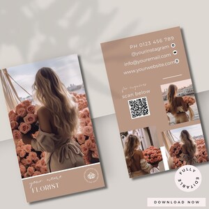 Boho Floristen Visitenkarten, Foto Visitenkarte 2024 | DIY Canva Visitenkarte Florist, QR-Code Florist Design, Canva Template Florist