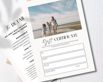 Photography Gift Certificate Template, Editable Canva Design (5x7 inch)