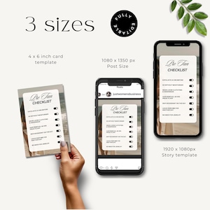 May include: A digital checklist for pre-tan preparation, displayed on a 4x6 inch card and two smartphone screens. The checklist includes steps like exfoliating, avoiding moisturizer, and skipping deodorant. The design is clean with a beach background.