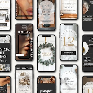 Puede incluir: Una colección de pantallas de teléfonos inteligentes que muestran anuncios con temas navideños. Las pantallas presentan texto como "Ideas de regalos de Navidad", "Tratamiento facial festivo" y "12 días de ofertas navideñas". La combinación de colores es principalmente negro, blanco y dorado.
