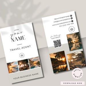 Cartões de visita para agentes de viagens, Cartão de visita com foto 2025, Cartão de visita Canva faça você mesmo para agentes de viagens, Cartão de visita com código QR, Modelo de viagem Canva